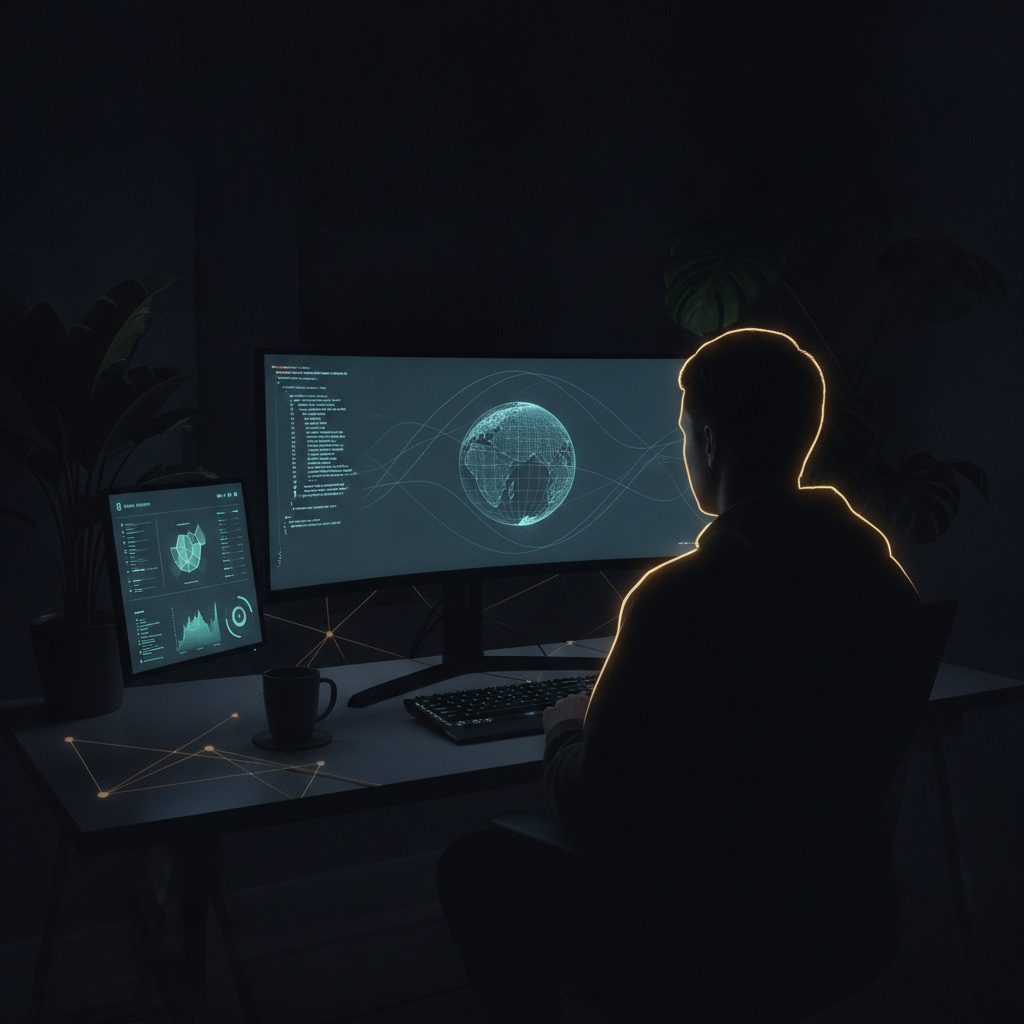 A late-night studio with monitors showing code and a wireframe globe
